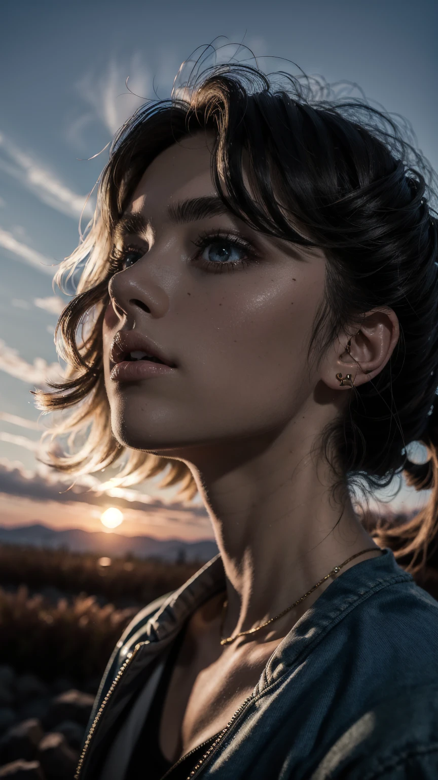 masterpiece, Best Quality, half body, city at sunset, 1 girl, alone, profile 3/4, cheered up, 3D, hyperrealistic, pixar, realist, young girl, sexy, beautiful face, urban style, beautiful, showy, street lights, silhouette, seeds skin, illustration, side glance, foreshortening, 8k extremadamente detallado, seeds, High resolution, ultra quality, very detailed eyes, very detailed mouth, Very detailed face, Perfect eyes, the eyes are the same, true light, Glare, iridescent, global illumination, real hair movement, evening light, real shadow, The real way, High Definition, 2k, 4k, 8k, 16k, luz realist , hard shadows, bright Eyes, fluorescent eyes, luz outfit, dream light
