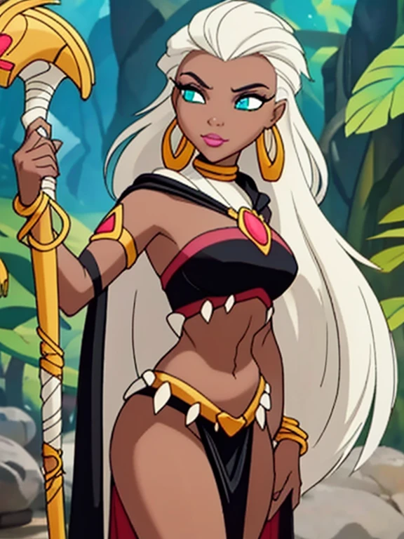 ((ultra quality)), ((masterpiece)), Queen_La_Tarzan, ((White-haired long hair)), (Beautiful face), (beautiful female lips), (), charming, ((sexy facial expression)), looks at the camera, (dark skin color), (dark skin), glare on the body, ((Detailed eyes)), ((Turquoise eyes)), (juicy female lips), (pink lipstick), (dark eyeliner), (beautiful female hands), ((ideal female figure)), ideal female body, beautiful waist, beautiful hips, medium breasts, ((subtle and beautiful)), stands seductively, (Holding a Golden Staff), (Wearing: cape, black crop-top, loincloth, golden arm bands, golden earrings) background: jungle, stone temple and stone structures, ((depth of field)), ((high quality clear image)), (clear details), ((high detail)), realistically, professional photo session, ((Clear Focus))
