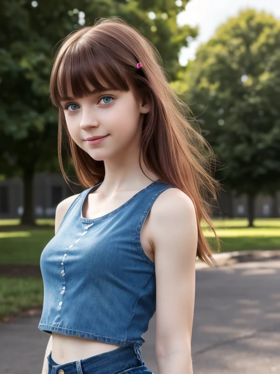 (Masterpiece, Hyperrealistic, 8k, HDR, RAW), ((Natural illumination)), sunny illumination, sunlight illumination, ((Pretty girl)), American girl, cute girl, ((Pale skin)), , ((Red dyed bangs)), ((Blue eyes)), ((Cloudy day)), ((Black Sport top)), ((Flat tummy)), ((Denim Shorts)), ((Standing outside a schoolyard)), ((Dark messy hair)), ((Slim body)), cute face, blush, big eyes, grin, perfect anatomy