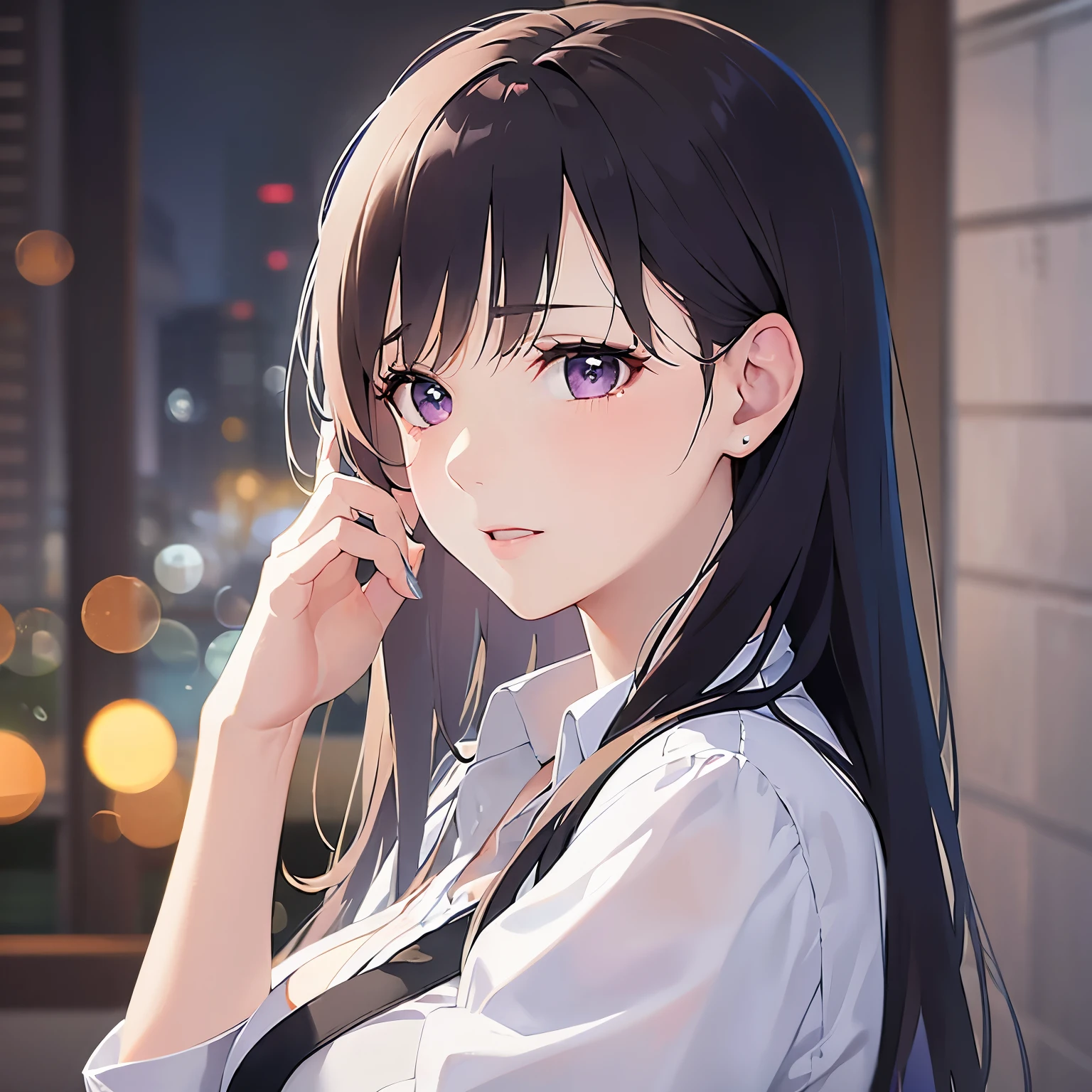 (looking away:1.5),Side shot、Hands over eyes、
Realistic, real person, (pale skin: 1.2), RAW photo, photorealistic, shiny skin, shiny hair、
(A 25-year-old woman with straight hair and bangs) and (medium hair) and (black hair) and (purple eyes) ,
(Wearing a business suit) and (Wearing a white collared shirt)、
Cleavage、blush,wiping tears,The background is the city at night