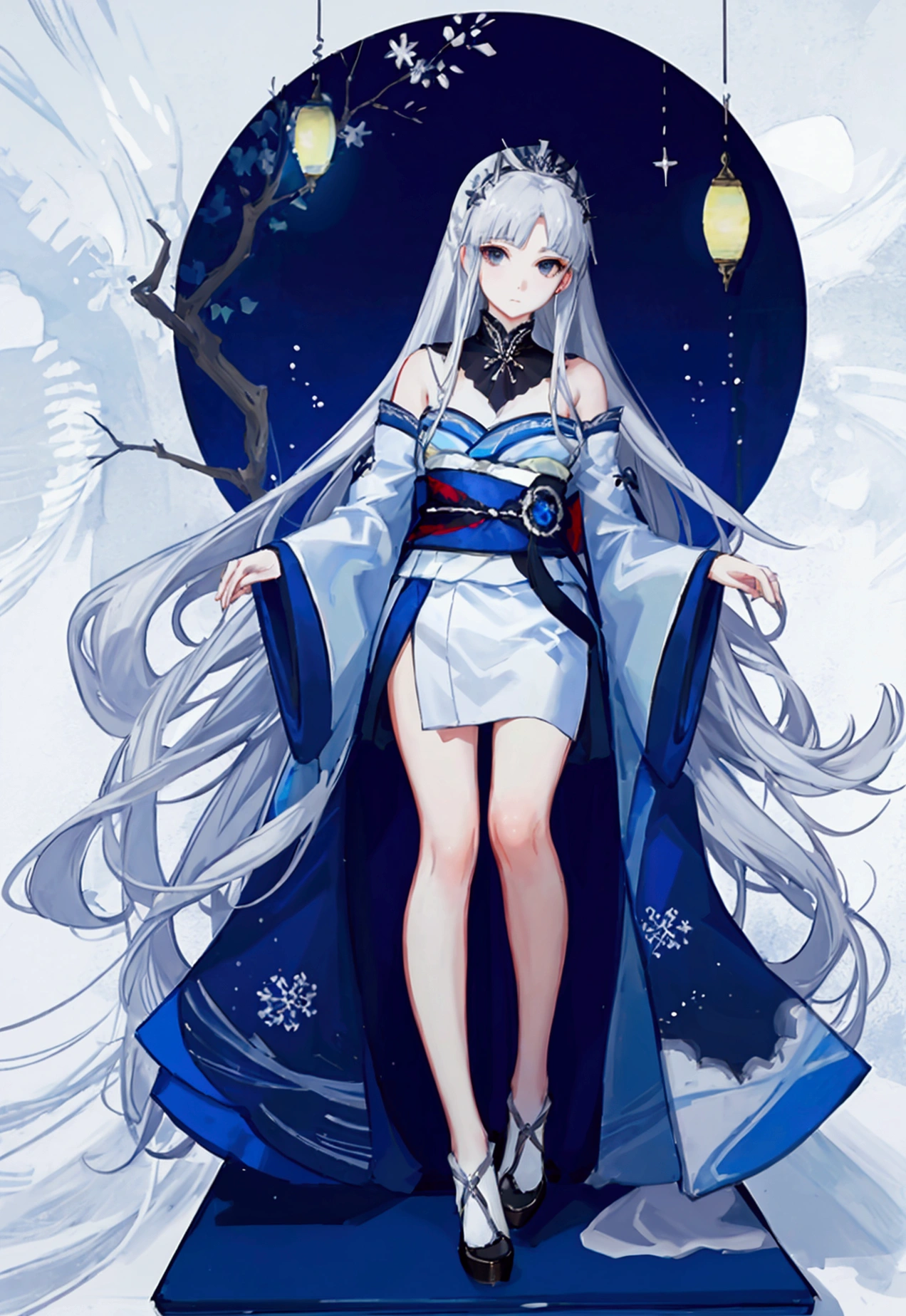 Snow Woman's Sister, Long silver hair, His shoulders are bare., black eye, White and blue kimono, Thin legs, Princess Yukiko