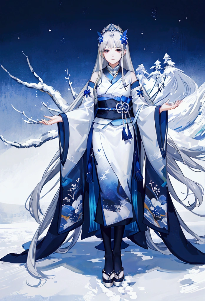 Snow Woman's Sister, Long silver hair, His shoulders are bare., black eye, White and blue kimono, Thin legs, Princess Yukiko