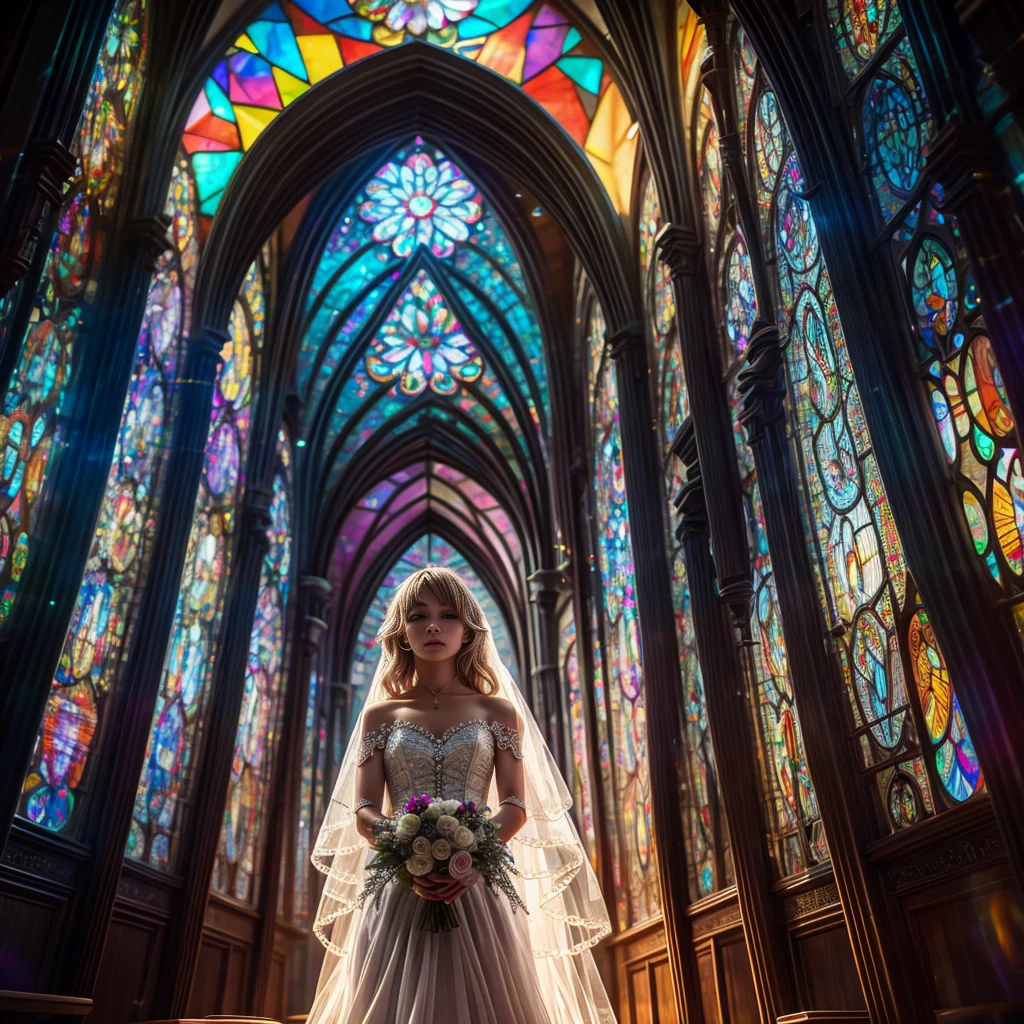 (Cathedral from below:1.28) (ZoomLayer) TopQuality 8K masterpiece of ((Professional photo)), (((Clarisse de Cagliostro))) (Detailed White WeddingDresses), Chain, (((Extremely detailed KAWAII face))) {((VeiledFace))|BlondeHair|(Elaborate BuleEyes)with(SparklingHighlights:1.28)}, The background is distant (((Elaborate stained glass))) Rainbow Glass, {(MysticSight)|EnchantingAtmosphere|Haze|(GodRays)|TyndallEffect}, Radiant PearlSkin with Transparency, (Exposed:0.39)