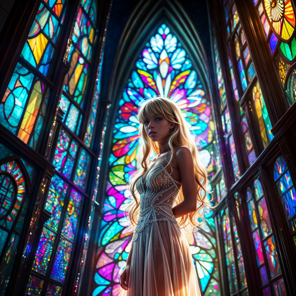 (Cathedral from below:1.28) (ZoomLayer) TopQuality 8K masterpiece of ((Professional photo)), (((Clarisse de Cagliostro))) (Detailed White WeddingDresses), Chain, (((Extremely detailed KAWAII face))) {((VeiledFace))|BlondeHair|(Elaborate BuleEyes)with(SparklingHighlights:1.28)}, The background is distant (((Elaborate stained glass))) Rainbow Glass, {(MysticSight)|EnchantingAtmosphere|Haze|(GodRays)|TyndallEffect}, Radiant PearlSkin with Transparency, (Exposed:0.39)