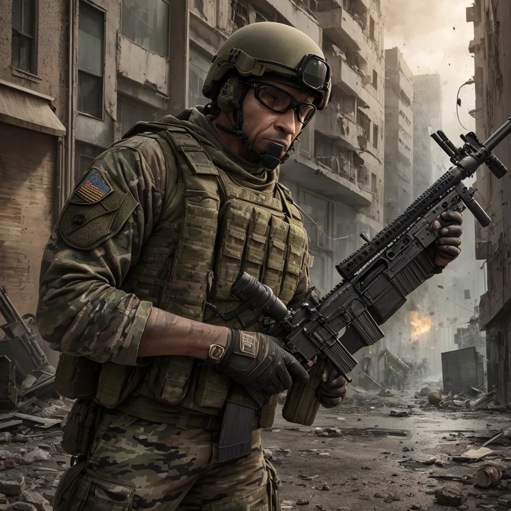 a highly detailed anthropomorphic cat in tactical special forces military uniform, military camouflage pattern, holding assault rifle, intense facial expression, explosions in the background, war-torn urban environment, dramatic lighting, cinematic composition, gritty military aesthetic, realistic textures, muted color palette