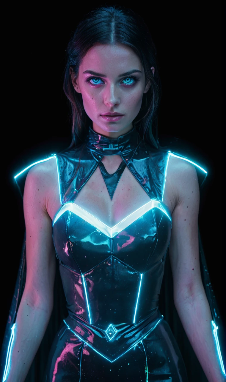 glowneon, cinematic film still, woman with glowing eyes, sparks, black cape, magenta and cyan  