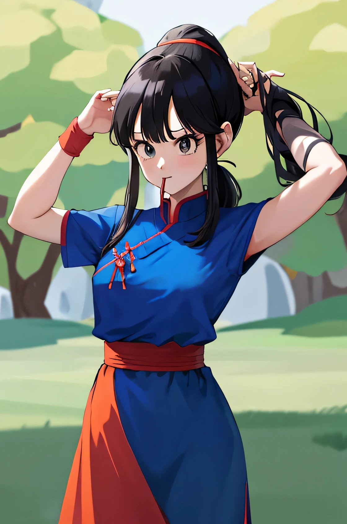 masterpiece, Highest quality, High resolution, Dragon Ball, bbChichi, (ローponytail:1.1), Iris, Chinese clothing, Blue clothes, No sleeve, Wristband, sash, Place your arms behind your head, Put your mouth in, One girl, Ground vehicles, Tie your hair with your mouth, Tying up hair, Tying up hair, ponytail, View your viewers, Cowboy Shot, Are standing, Outdoor