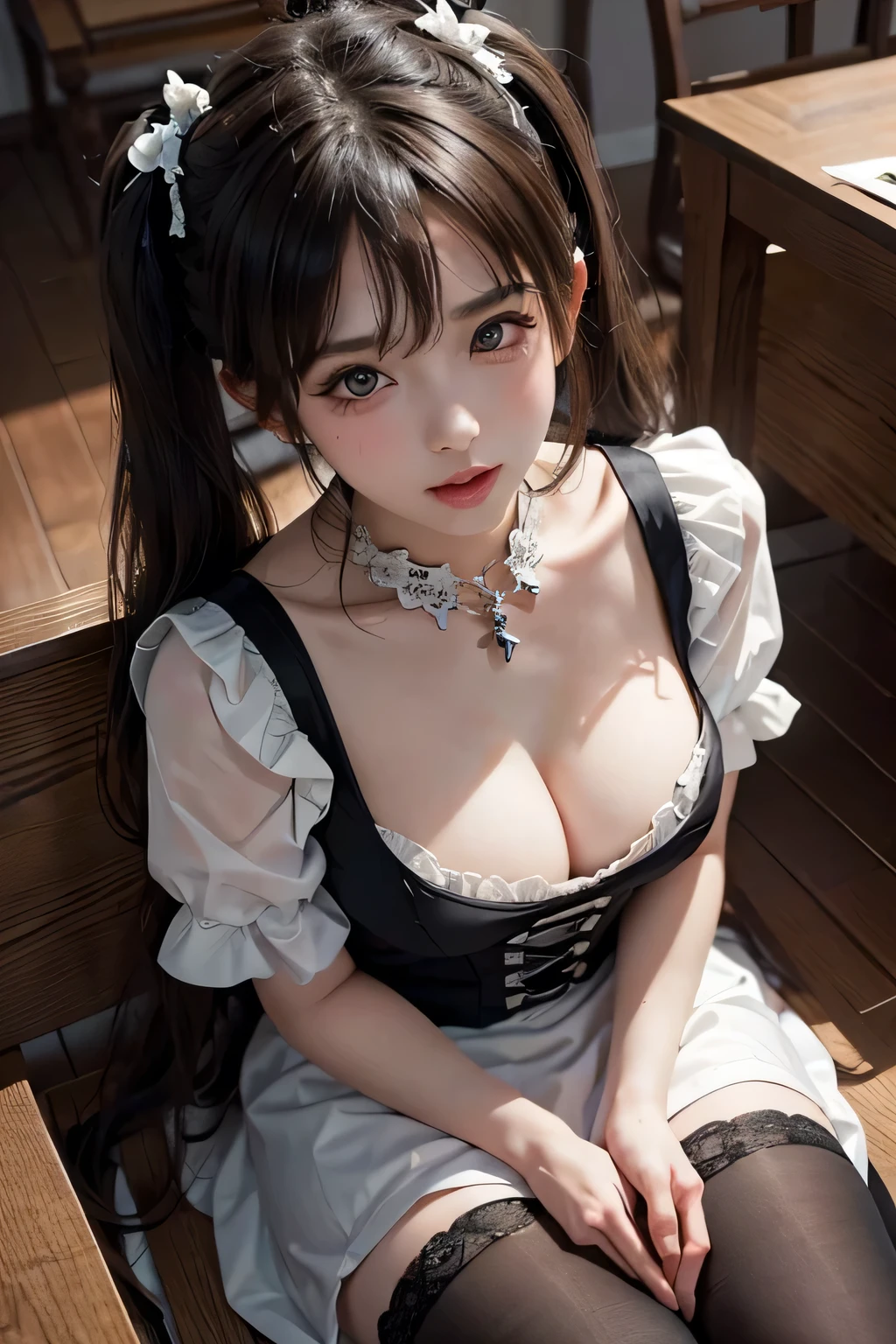 {{{16k}}},{{{masterpiece}}}, {{{best quality}}}, {{{ultra-detailed}}},{{{an extremely delicate and beautiful}}}, {{{vulgarity}}},naughty look,blank eyes,attractive pose,twintails , Brown hair, With bangs , big breasts, blowjob face, Spread Legs, from above,wearing Gothic Maid , Maid café in Akihabara