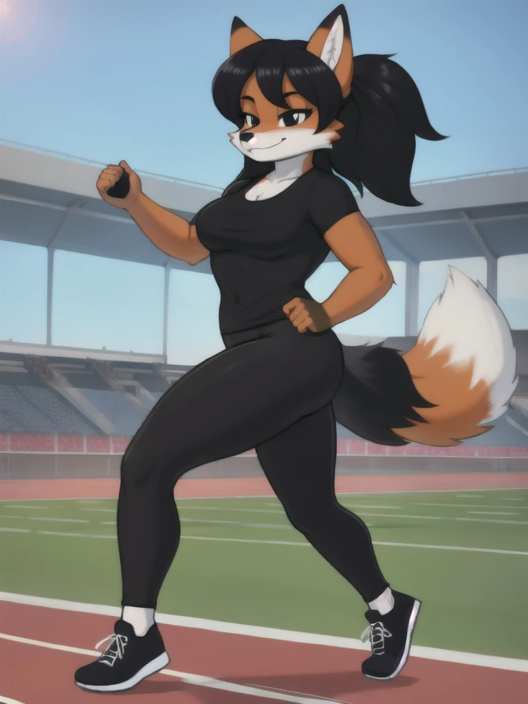 Furry, fox, female, black shirt, black leggings, shoes, running track, solo, full body