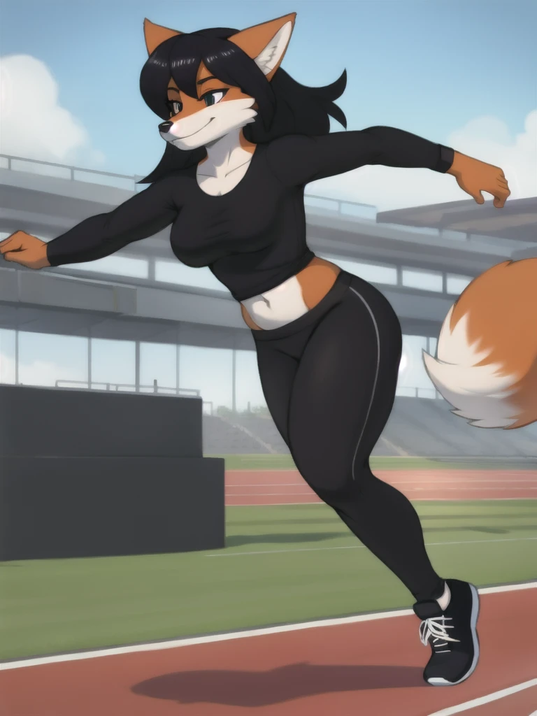 Furry, fox, female, black shirt, black leggings, shoes, running track, solo, full body
