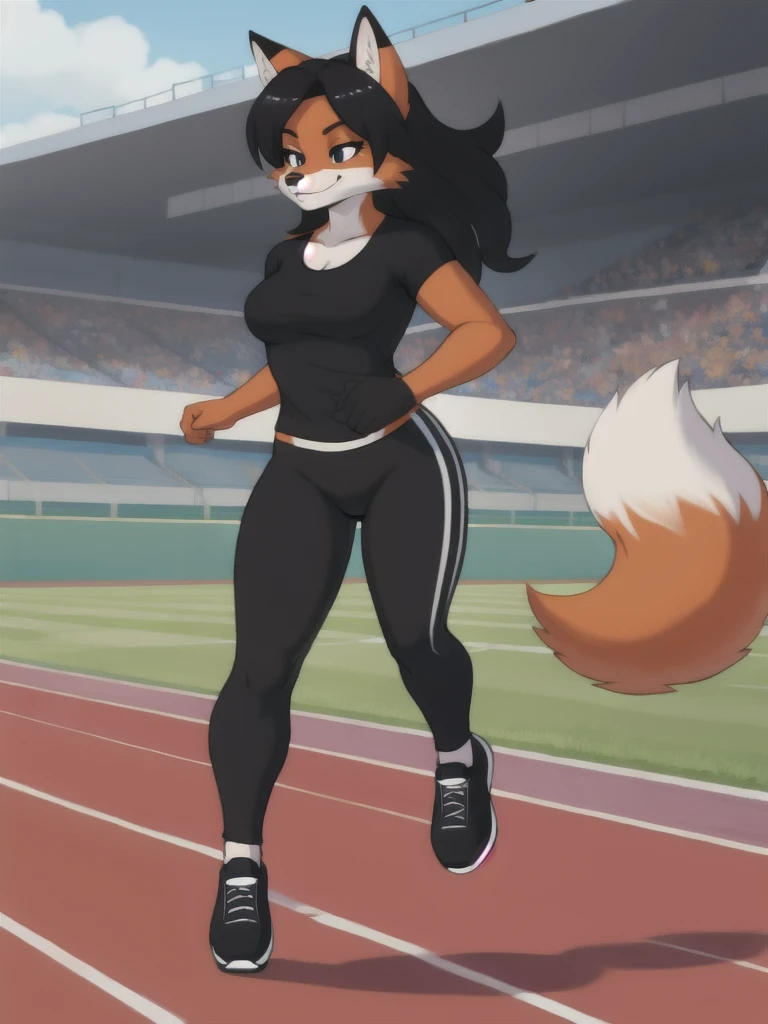 Furry, fox, female, black shirt, black leggings, shoes, running track, solo, full body