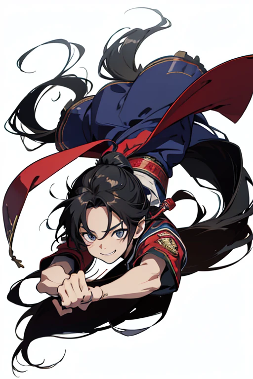 Hojo Time Travel, sight, Very long hair, Anatomically correct, Very long hair, ponytail, anime, boy,8-year-old, boy, High resolution, fall, Jumping, Black Hair, upside down, Simple Background, smile, 