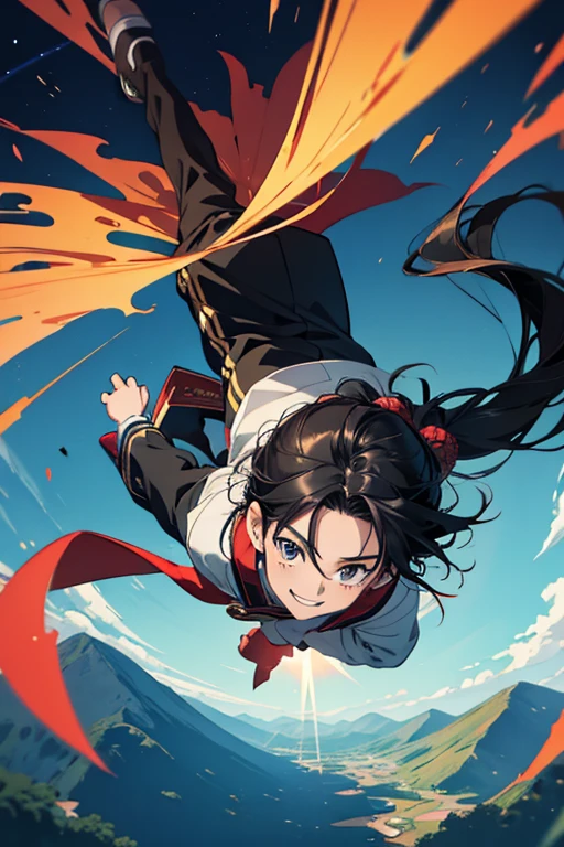 Hojo Time Travel, sight, Very long hair, Anatomically correct, Very long hair, ponytail, anime, boy,8-year-old, boy, High resolution, fall, Jumping, Black Hair, upside down, Simple Background, smile, 
