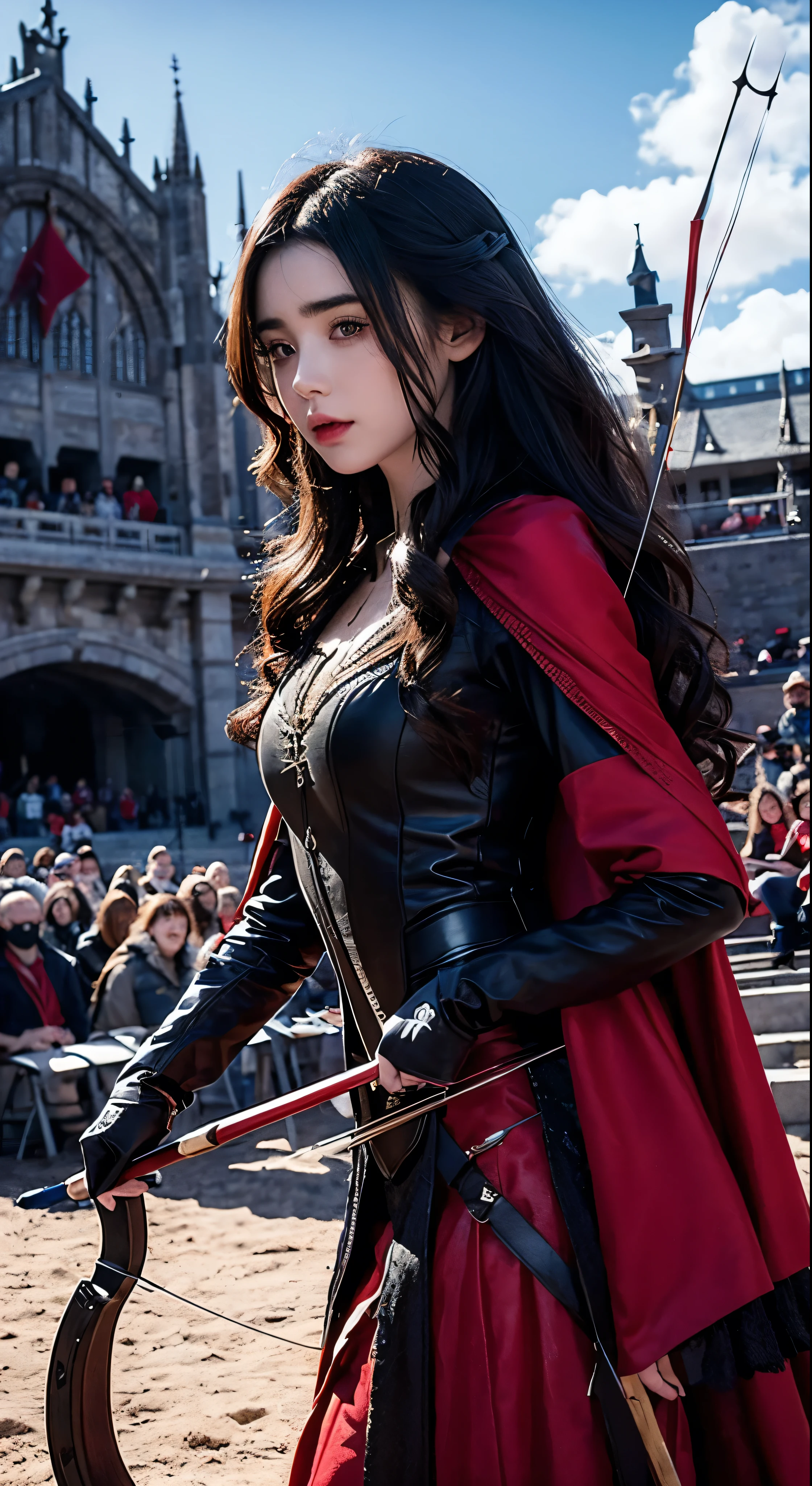 Lily Collins with black curly hair with red hood, medieval clothes, bow and arrow in hand, entering an arena landscape filled with bleachers and audience watching the illustration is detailed, smooth and bright, HD art by Citemer Liu