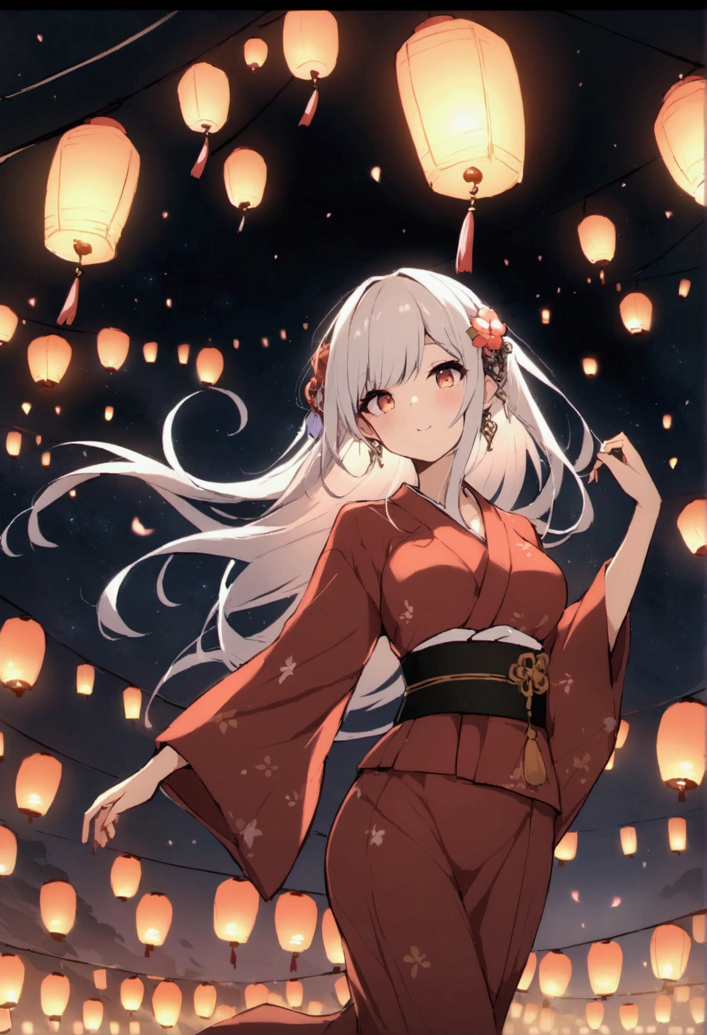 Starry Sky、Lots of lanterns、Floating lanterns、Girl in yukata