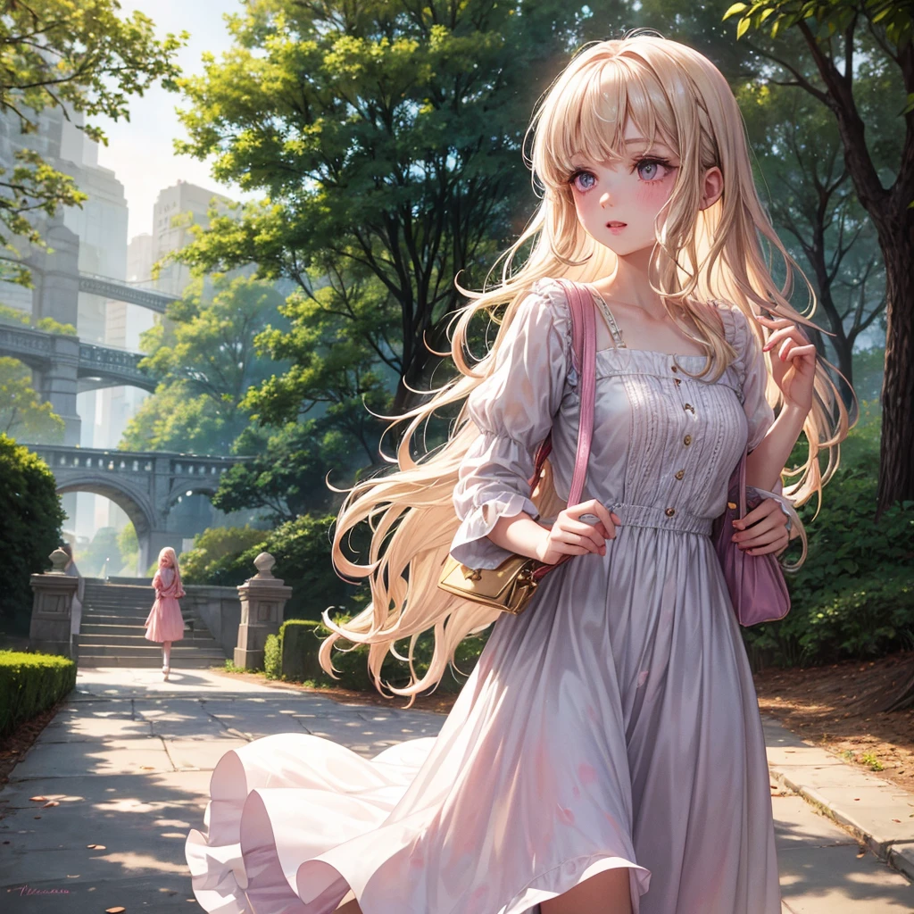 Pale skinned girl, splattered nose, pink lips, almond-shaped lilac eyes with an angelic appearance, removing her long wavy light blonde hair, wears a vintage style dress with a bag in hand in a public park
