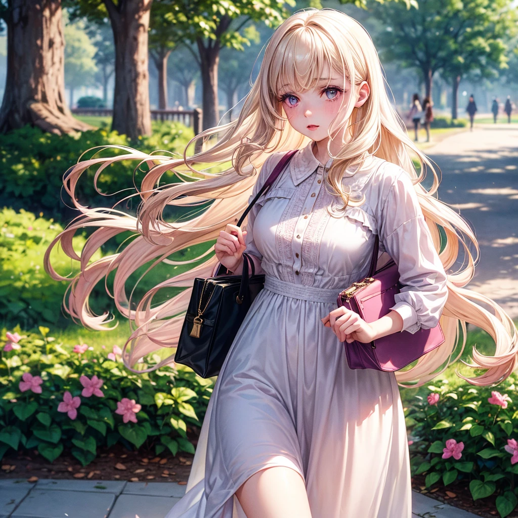 Pale skinned girl, splattered nose, pink lips, almond-shaped lilac eyes with an angelic appearance, removing her long wavy light blonde hair, wears a vintage style dress with a bag in hand in a public park