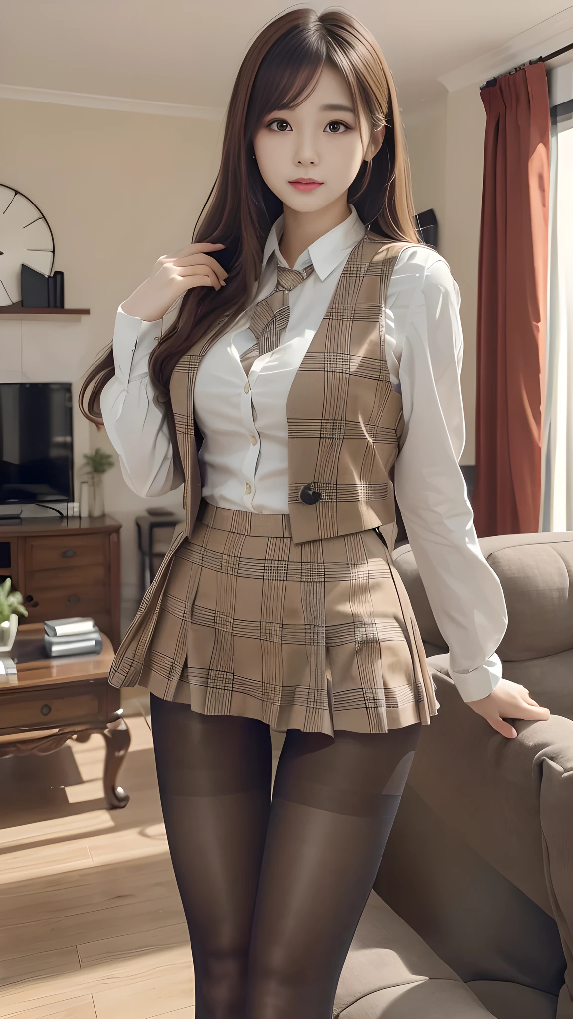 ulzzang-6500-v1.1, (RAW Photos:1.2), (Photorealistic), (Genuine:1.4), １girl、Perfect Anatomy、20 years old、Looking at the camera、Medium Long Hair、Plaid vest、skirt, (( in the living room:1.3))、(Ultra-realistic pantyhose:1.2), (High heels)、(Business services)、Asian Eyes Ella,