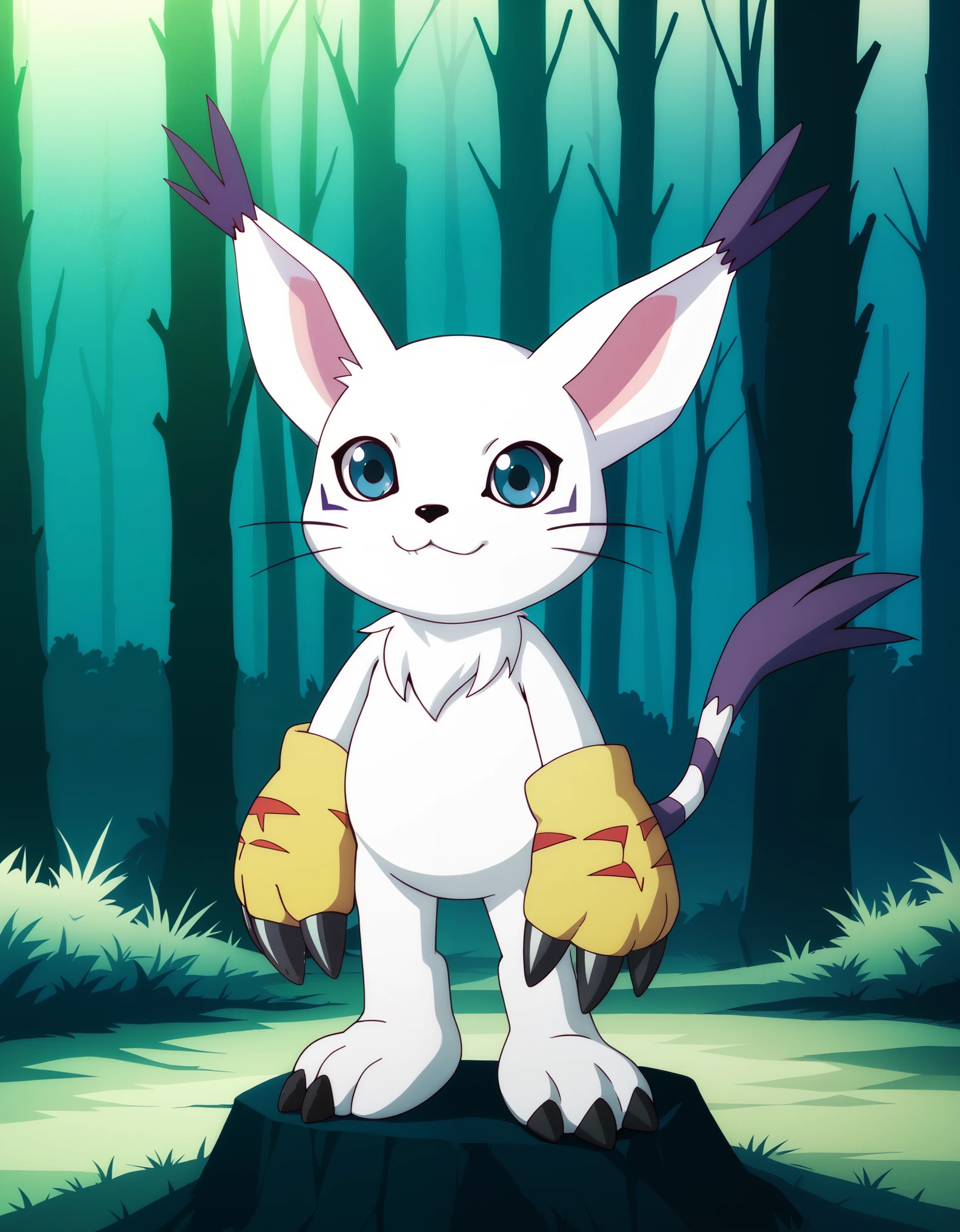  source_furry, absurdres, masterpiece, outstanding,, GATOMON, TAIL RING, RINGLESS, solo, digimon, in a forest, blue eyes, 