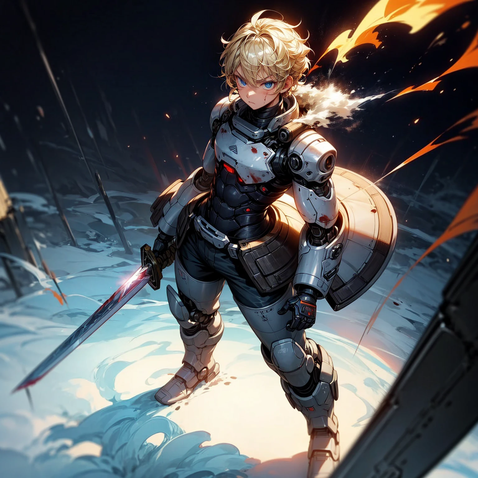 Ultra detailed, full background, Full body version, Grassroots, background in snow field, (solo, boy, cyborg, big muscle, blue eyes, angry eyes, blonde color hair, short Curly hairstyle, pants, Boots), full robotic outfit, high angle view, smoke effect, fire effect, lighting effect on sword, lighting laser, sword robot in hand, lighting gold on sword, plasma effect, blood on background, standing gesture