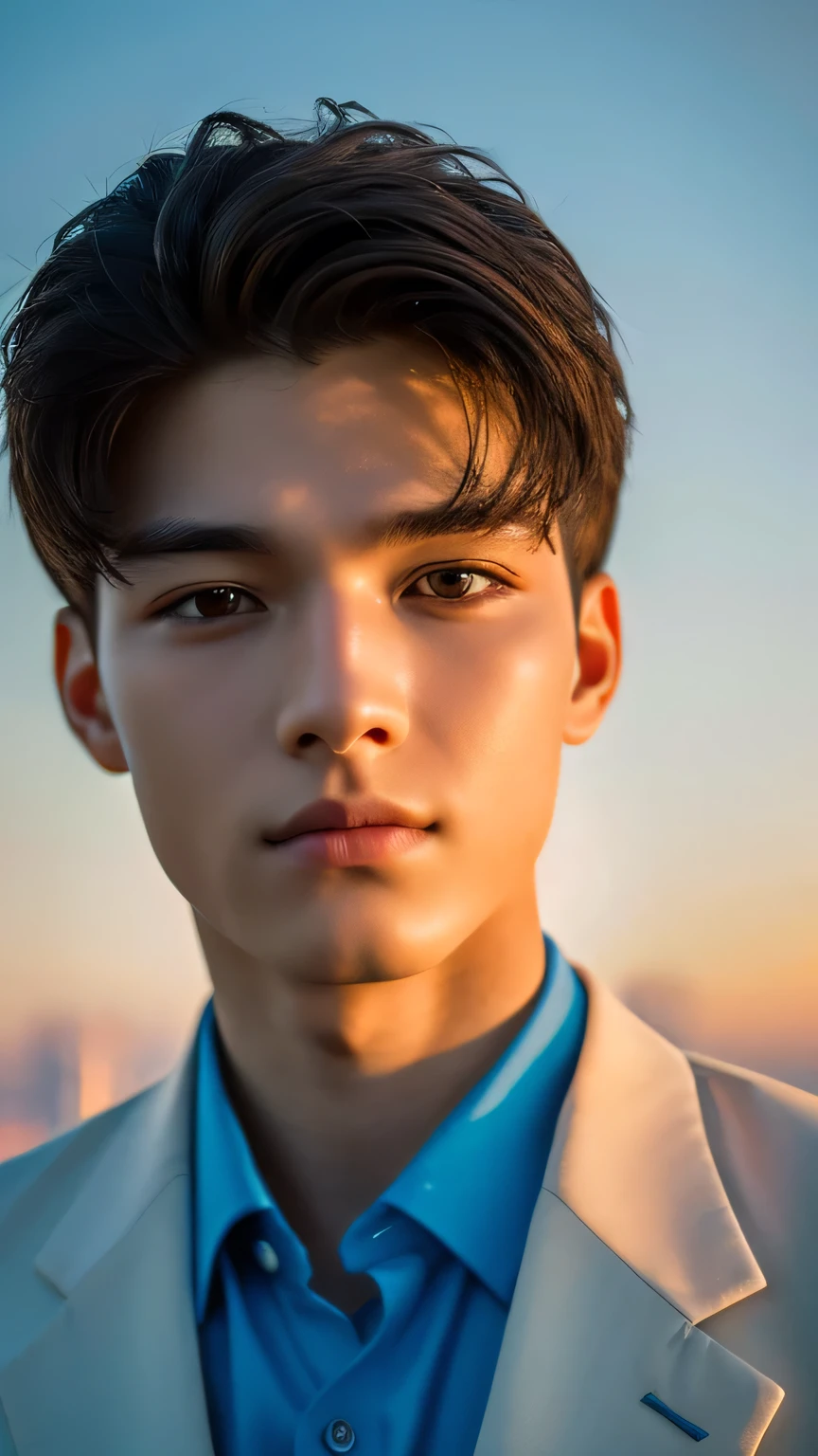 Highest quality, masterpiece, Ultra-high resolution, (Realistic: 1.4), Original photo, wallpaper, Head Photo, skin, Simple Background, Iris, detailed, Selfie, 1 boy, 18-year-old, good looking, Wind,suit、Sunset