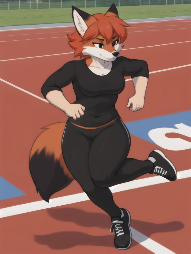 Furry, fox, female, black shirt, black leggings, shoes, running track, solo, full body