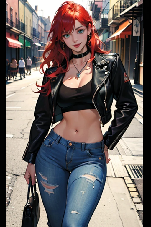New Orleans, French Quarter. ((full body:1)),(lustful eyes, flirty smile:1.2).,(ultra realistic illustration:1.3).Sexy 23yo French woman, dyed red hair, green eyes. fit, natural perky breasts, perfect round ass, (suntan). (bangs, long hair:0.8), mascara, choker, leather jacket, indigo lace top, jeans, high heels. Masterpiece, best quality,(highly detailed:1.2),(detailed face and eyes:1.2), 8k wallpaper, depth of field, natural lighting. core shadows, high contrast, bokeh.(rule of thirds), cinematic, atmospheric, contrast, intricate