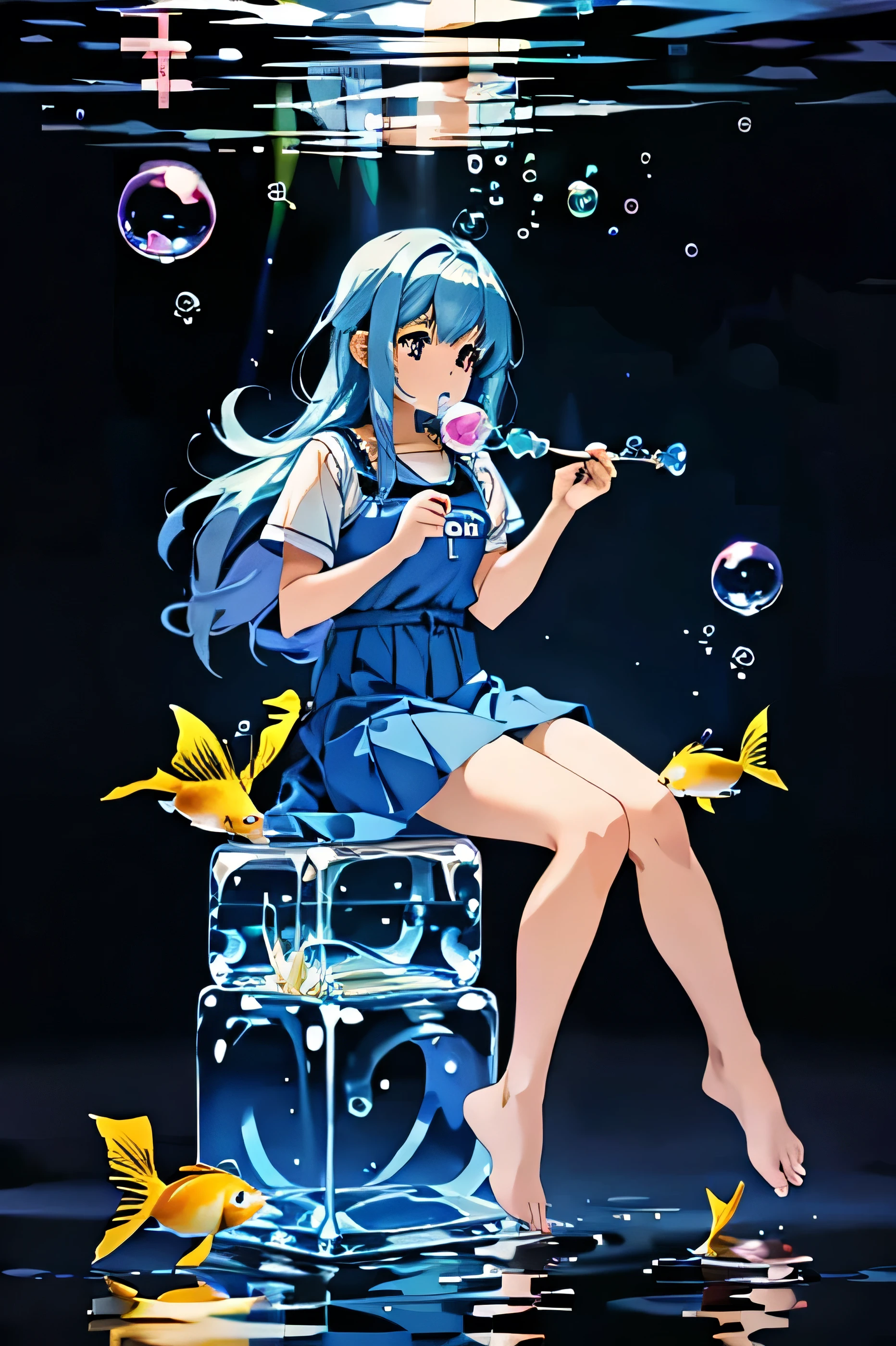 fish fat girl, blowing bubbles, sitting in cubes, full body