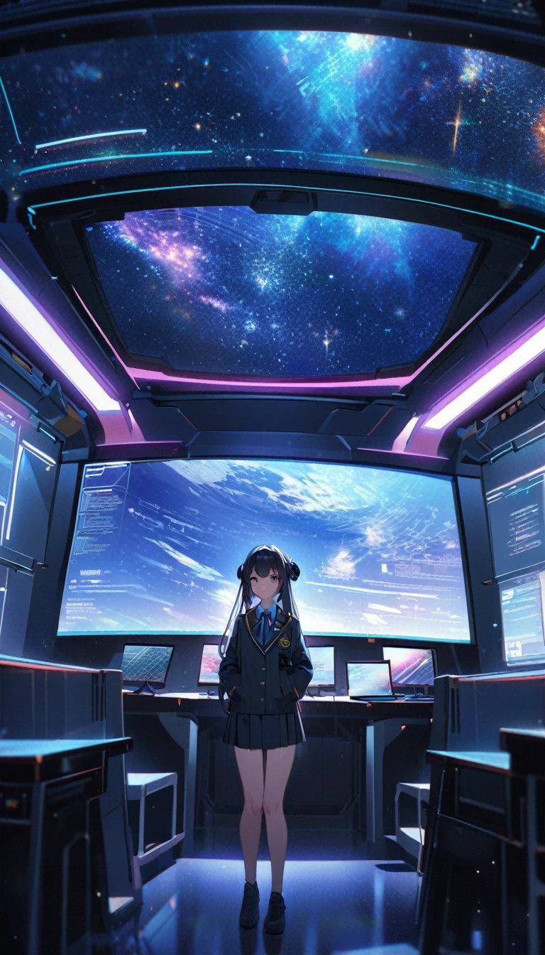 Zhao Chen's starship classroom, futuristic technology, holographic screens, starry galaxy view outside, medium shot, sci-fi setting, depth of field, modern school atmosphere --ar 16:9 --seed 1266901761