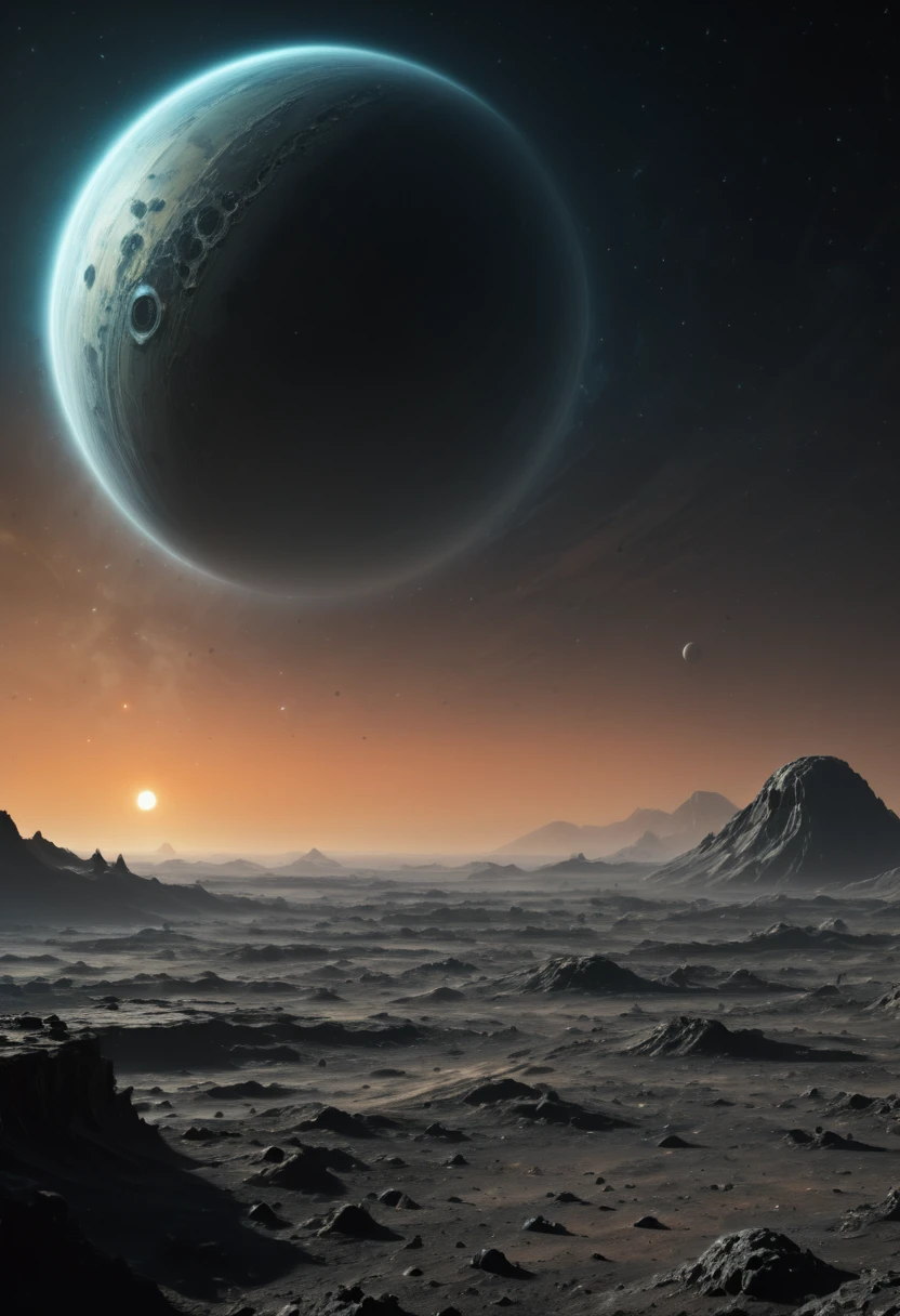 Create a view of a single gigantic planet setting over the horizon in space as seen through the dense atmosphere of the surface of a planet with a regular surface with deep craters on the surface , sky with nocturnal and dense cold orange atmosphere, surreal image, Science fiction, dark atmospher, cyberpunk style at night in the distance,  space is dark and you can only see the silhouette of one side of the planet through the dense atmosphere, Total dark, dark horizon, penumbra, as realistic as possible, dim ambient light, Dappled Light.
