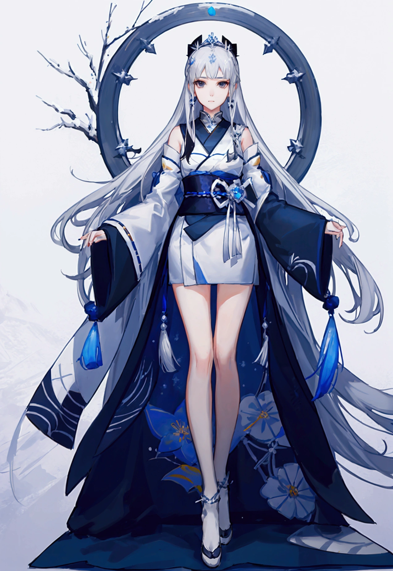 Snow woman girl, Long silver hair, His shoulders are bare., black eye, White and blue kimono, Thin legs, Princess Yukiko