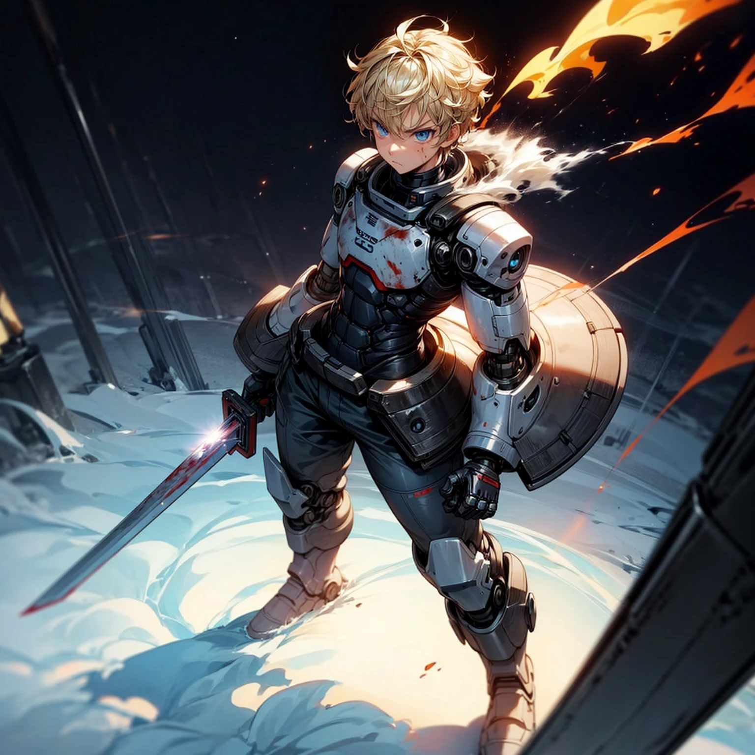 Ultra detailed, full background, Full body version, Grassroots, background in snow field, (solo, boy, cyborg, big muscle, blue eyes, angry eyes, blonde color hair, short Curly hairstyle, pants, Boots), full robotic outfit, high angle view, smoke effect, fire effect, lighting effect on sword, lighting laser, sword robot in hand, lighting gold on sword, plasma effect, blood on background, standing gesture