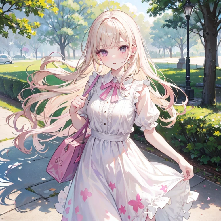 Pale skinned girl, splattered nose, pink lips, almond-shaped lilac eyes with an angelic appearance, removing her long wavy light blonde hair, wears a vintage style dress with a bag in hand in a public park
