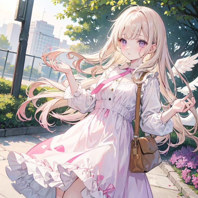 Pale skinned girl, splattered nose, pink lips, almond-shaped lilac eyes with an angelic appearance, removing her long wavy light blonde hair, wears a vintage style dress with a bag in hand in a public park