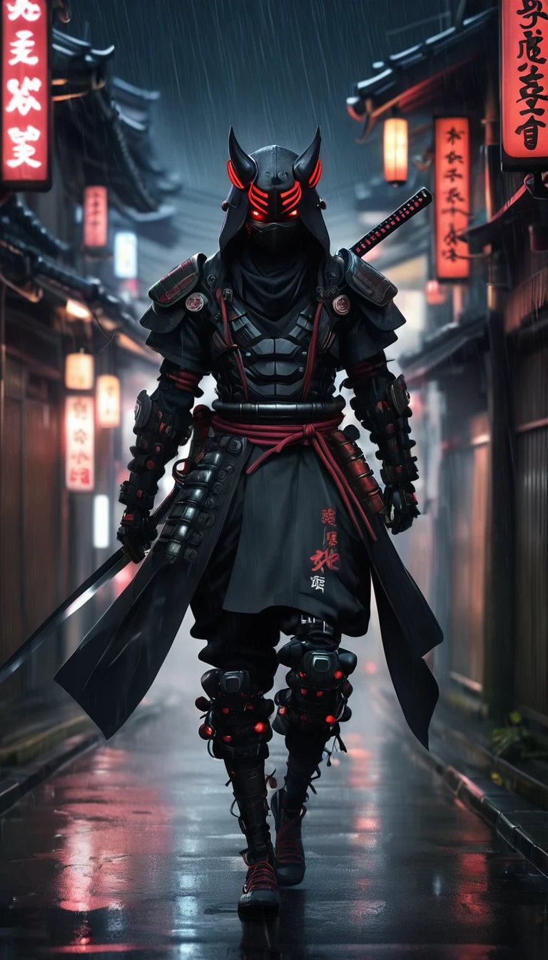ninja shinobi cyberpunk robot cyborg .big thighs.Wallking street 
two samurais walking down a street at night, yasuke.Ninja wearing conical hat. shinobi Cyborg. Red eyes, devil mask, rain. Dark night. Equipped with Sword on back. Katana on back. Robot. gears. screws. lights. wires on back. Arresting monsters in alleys.real. tokyo. UE5 CGI