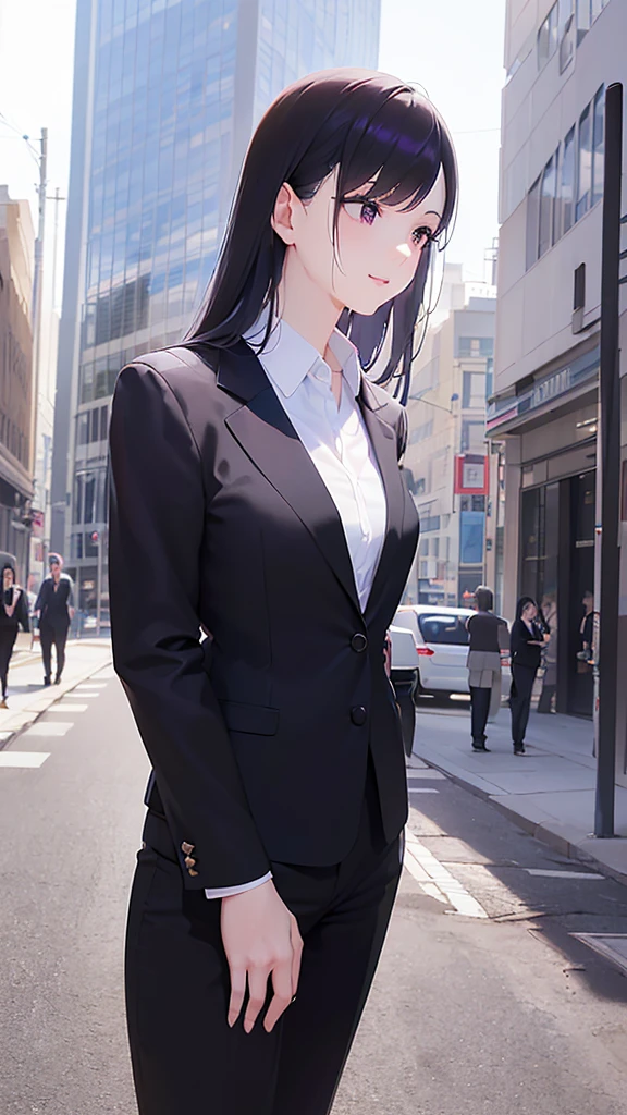 side angle, (looking away:1.5), Realistic, real person, (pale skin: 1.2), RAW photo, photorealistic, shiny skin, shiny hair、(A 25-year-old woman with straight hair and bangs) and (medium hair) and (black hair) and (purple eyes) , (business suit:1.5) and (white collared shirt)、smile, The background is a city of buildings、Alone、
