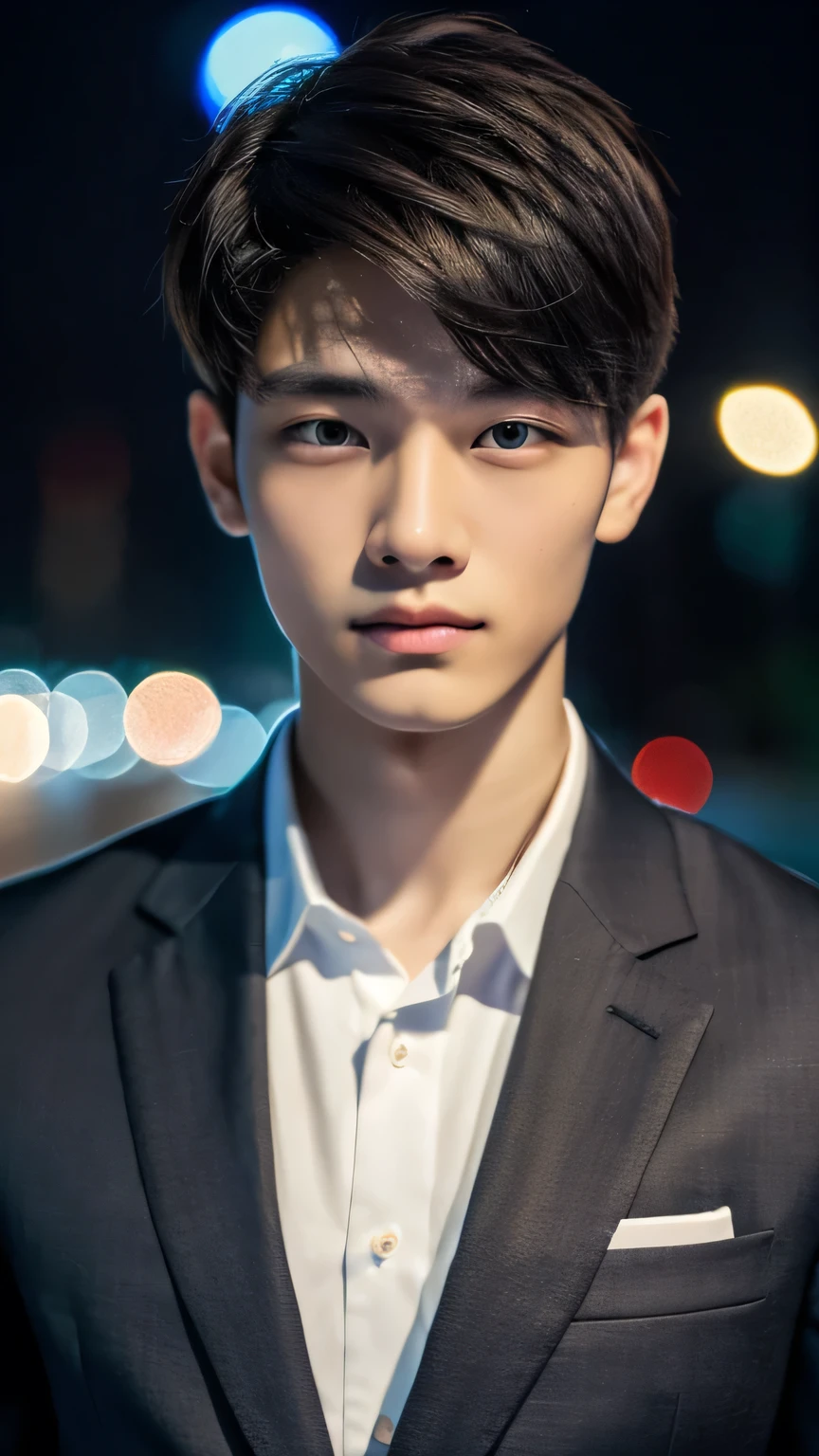 Highest quality, masterpiece, Ultra-high resolution, (Realistic: 1.4), Original photo, wallpaper, Head Photo, skin, Simple Background, Iris, detailed, Selfie, 1 boy, 18-year-old, good looking, Wind,suit、night