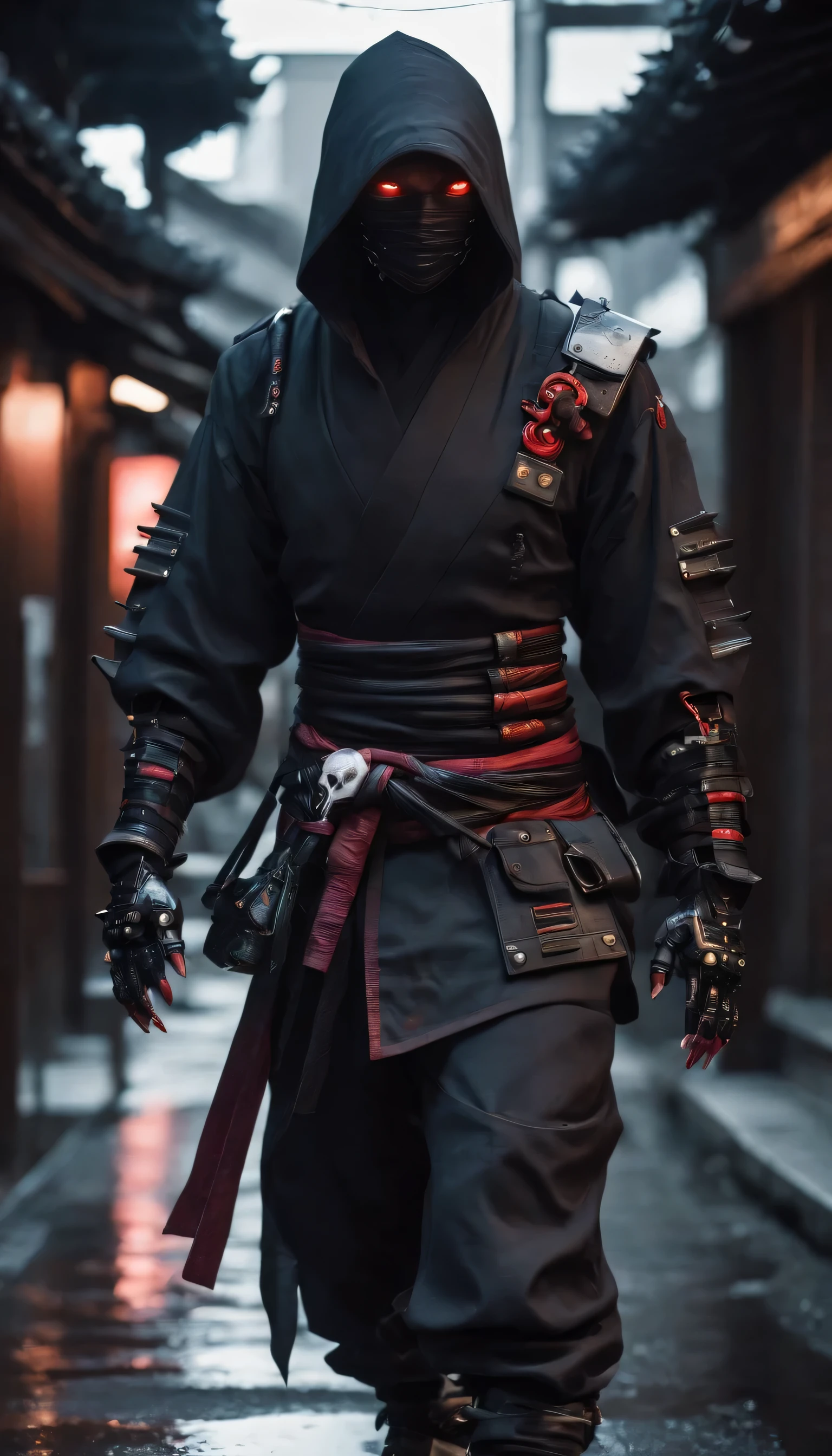 ninja shinobi cyberpunk robot cyborg .big thighs.Wallking street
two samurais walking down a street at night, yasuke.Ninja wearing conical hat. shinobi Cyborg. Red eyes, devil mask, rain. Dark night. Equipped with Sword on back. Katana on back. Robot. gears. screws. lights. wires on back. Arresting monsters in alleys.real. tokyo. UE5 CGI