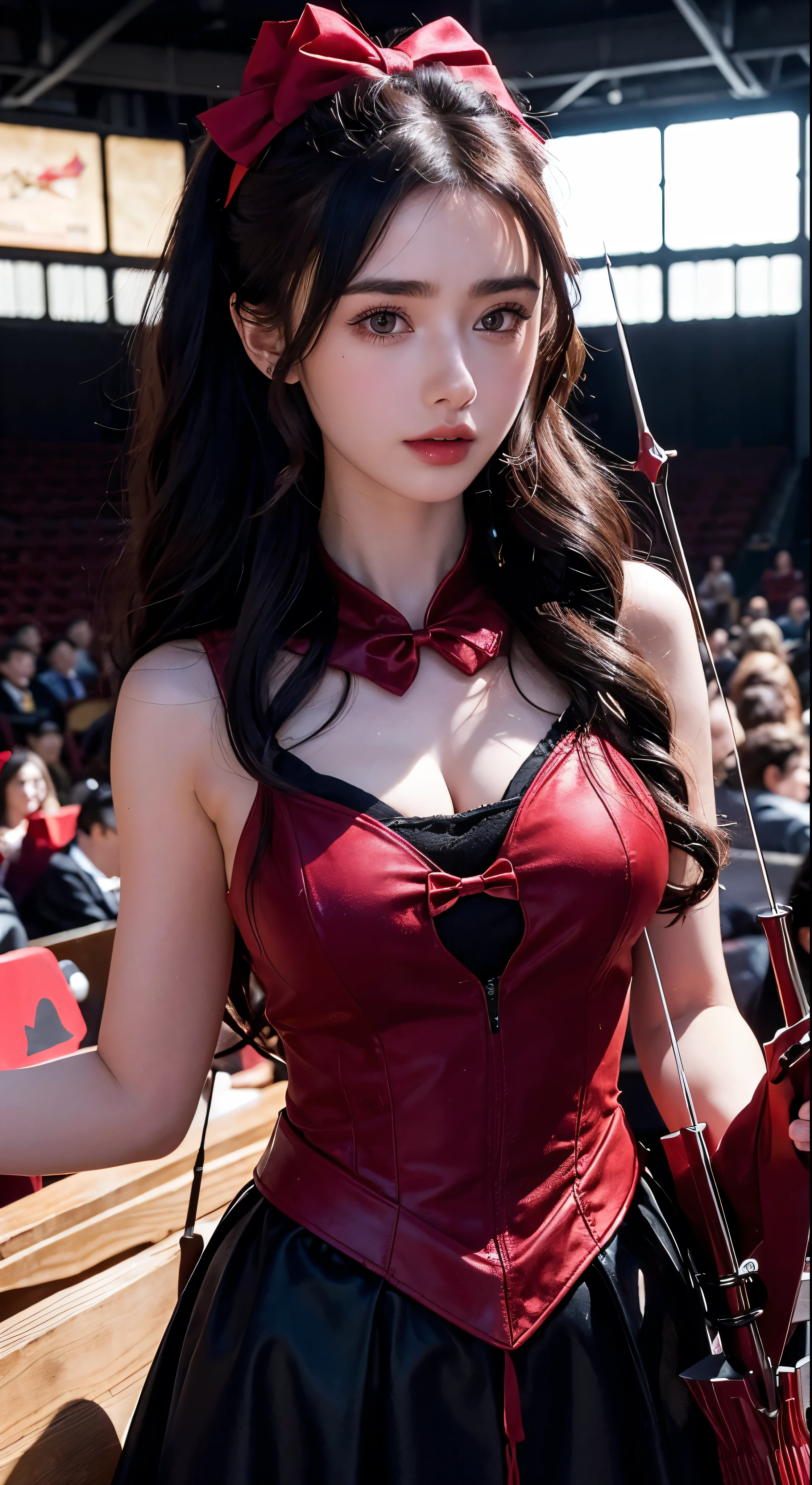 Lily Collins with black curly hair with red hood, medieval clothes, bow and arrow in hand, entering an arena landscape filled with bleachers and audience watching the illustration is detailed, smooth and bright, HD art by Citemer Liu