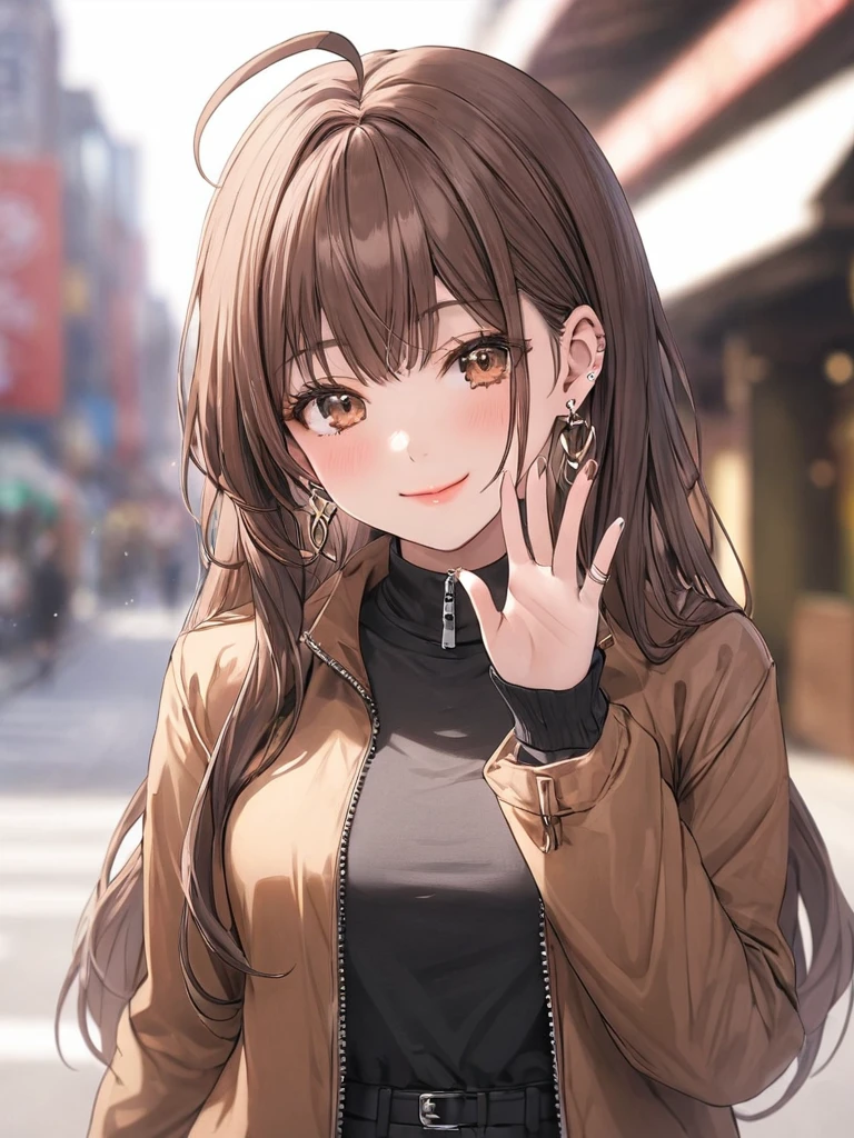 ((masterpiece, best quality)), very aesthetic, absurdres, One girl, Ahoge, bangs, black skirt, black sweater, Blurred, Blurred background, chest, Brown eyes, Brown Hair, brown Jacket, Mouth closed, Day, Depth of written boundary, Earrings, eyelash, Raise your hand, Tilt your head, Jacket, jewelry, Long Hair, Long sleeve, View Viewer, medium chest, Manicure, Open clothes, open Jacket, Outdoor, Pursed lips, Tucked in shirt, Side Lock, skirt, Sleeves are longer than the wrist, alone, sweater, Upper Body, zipper, smile,