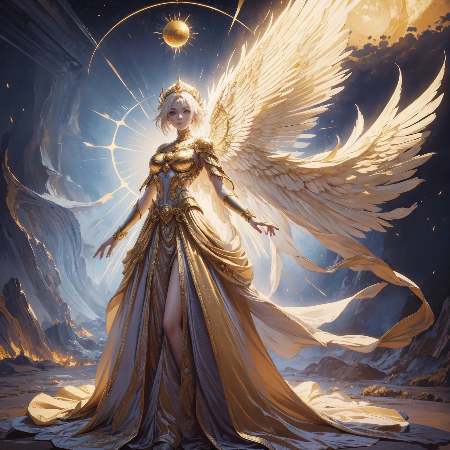 Art of Woman Wearing Sun Crown, Wearing a gorgeous golden breastplate that exposes a small amount of skin above the chest, Wearing a gorgeous golden dress, A pair of giant angel wings taller than the body spread out behind the woman., ancient goddess art, Sacredness. Very detailed, Mysterious inspiration, Inspiration from the Sun God, Religious inspiration, A divine background, Cold and snobbish face, Dangerous expressions, White hair, Standing pose floating in the air, One of the hands holds a brilliant sphere as bright as the sun., Full body portrait, Gothic art style, Weird art style, Occult art