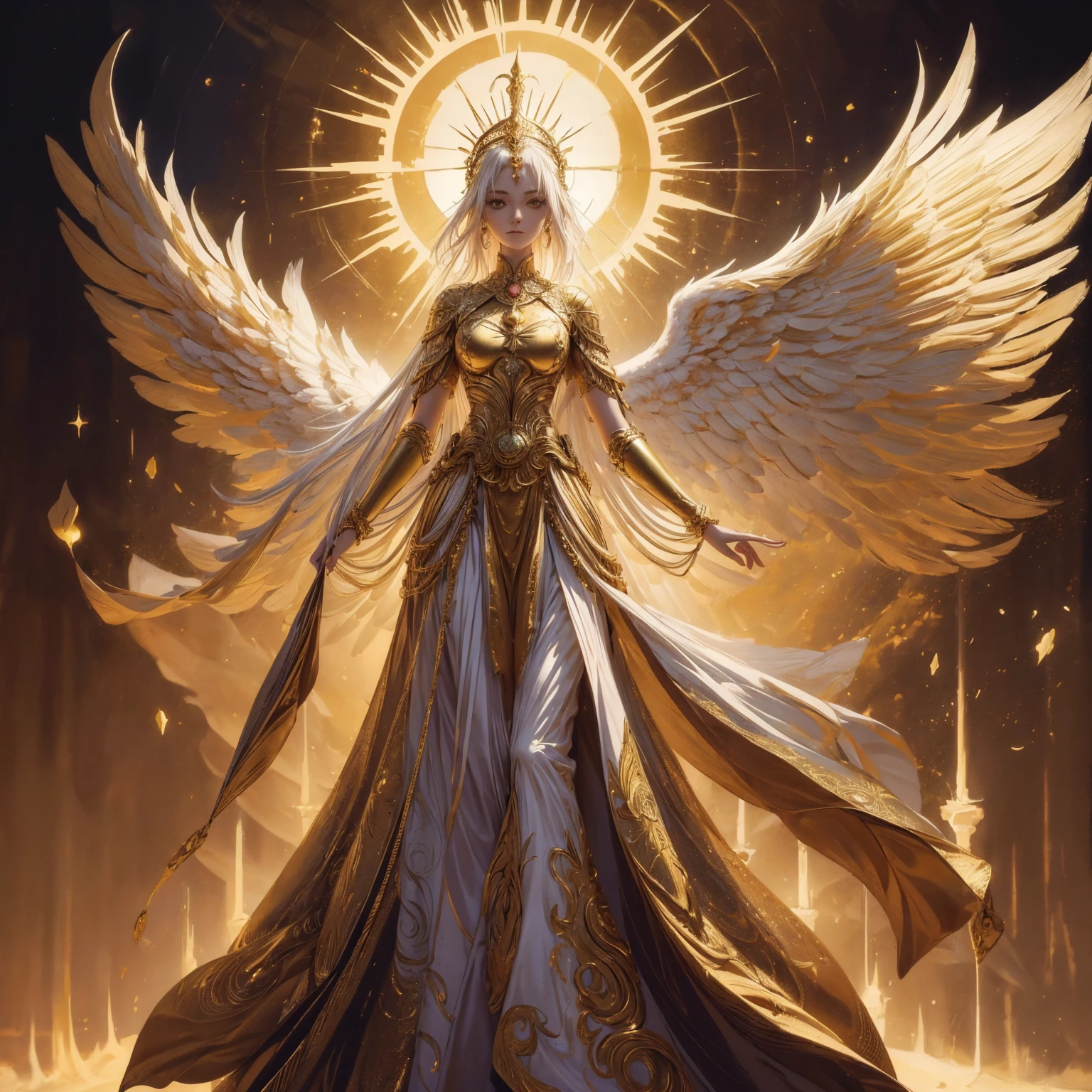Art of Woman Wearing Sun Crown, Wearing a gorgeous golden breastplate that exposes a small amount of skin above the chest, Wearing a gorgeous golden dress, A pair of giant angel wings taller than the body spread out behind the woman., ancient goddess art, Sacredness. Very detailed, Mysterious inspiration, Inspiration from the Sun God, Religious inspiration, A divine background, Cold and snobbish face, Dangerous expressions, White hair, Standing pose floating in the air, One of the hands holds a brilliant sphere as bright as the sun., Full body portrait, Gothic art style, Weird art style, Occult art