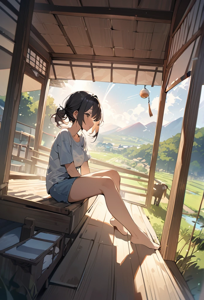 summer、Japanese countryside house、sitting on the edge。bucolic、Background of nature、Style、Countryside view、T-shirt girl、wind chimes、、One Girl、sunlight、Dynamic Angle((masterpiece,Highest quality))、