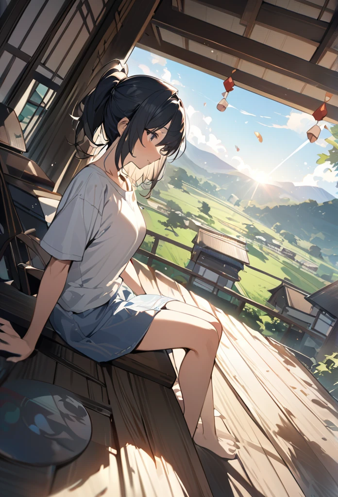 summer、Japanese countryside house、sitting on the edge。bucolic、Background of nature、Style、Countryside view、T-shirt girl、wind chimes、、One Girl、sunlight、Dynamic Angle((masterpiece,Highest quality))、