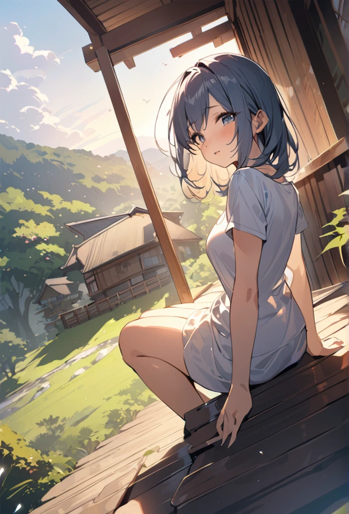 summer、Japanese countryside house、sitting on the edge。bucolic、Background of nature、Style、Countryside view、T-shirt girl、wind chimes、、One Girl、sunlight、Dynamic Angle((masterpiece,Highest quality))、