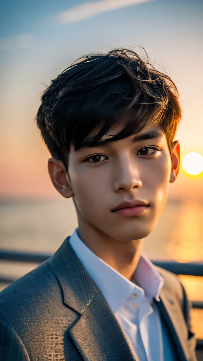 Highest quality, masterpiece, Ultra-high resolution, (Realistic: 1.4), Original photo, wallpaper, Head Photo, skin, Simple Background, Iris, detailed, Selfie, 1 boy, 18-year-old, good looking, Wind,suit、Sunset