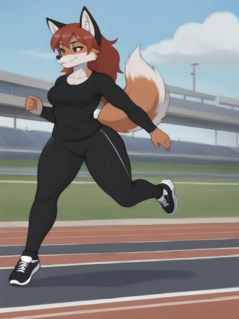 Furry, fox, female, black shirt, black leggings, shoes, running track, solo, full body