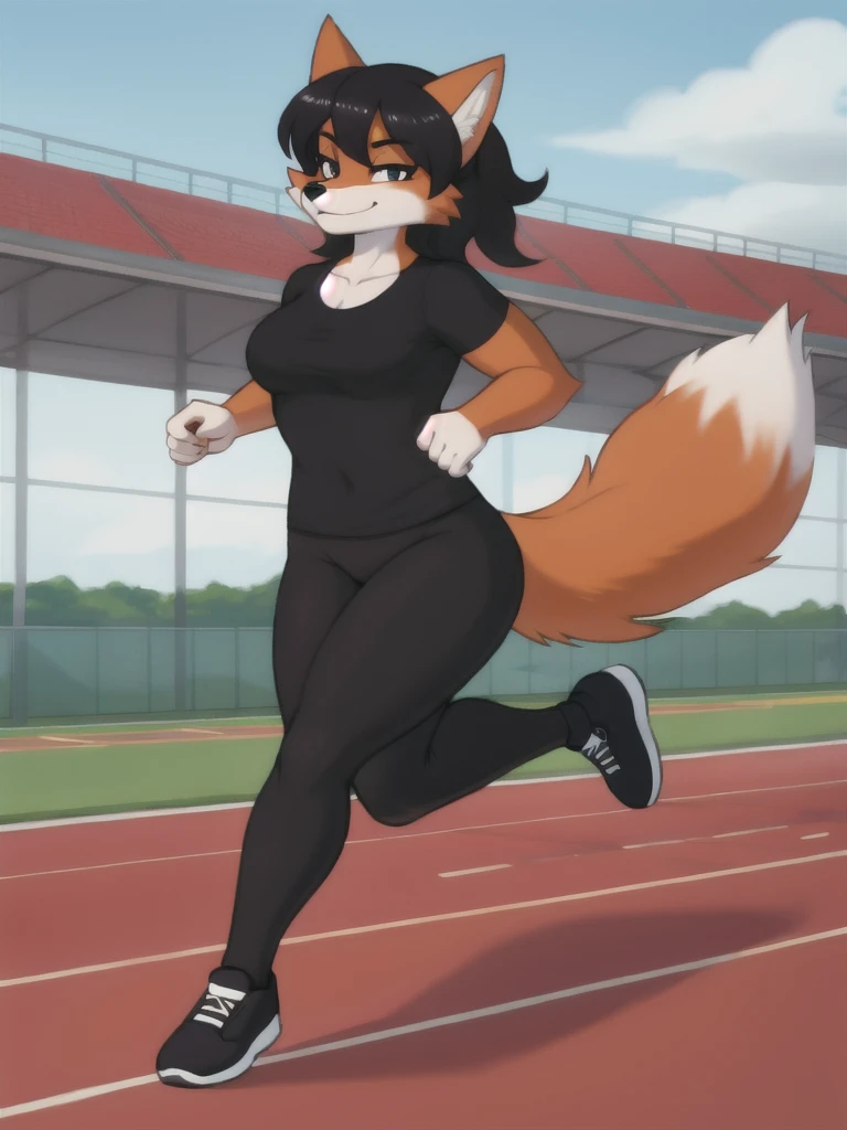 Furry, fox, female, black shirt, black leggings, shoes, running track, solo, full body