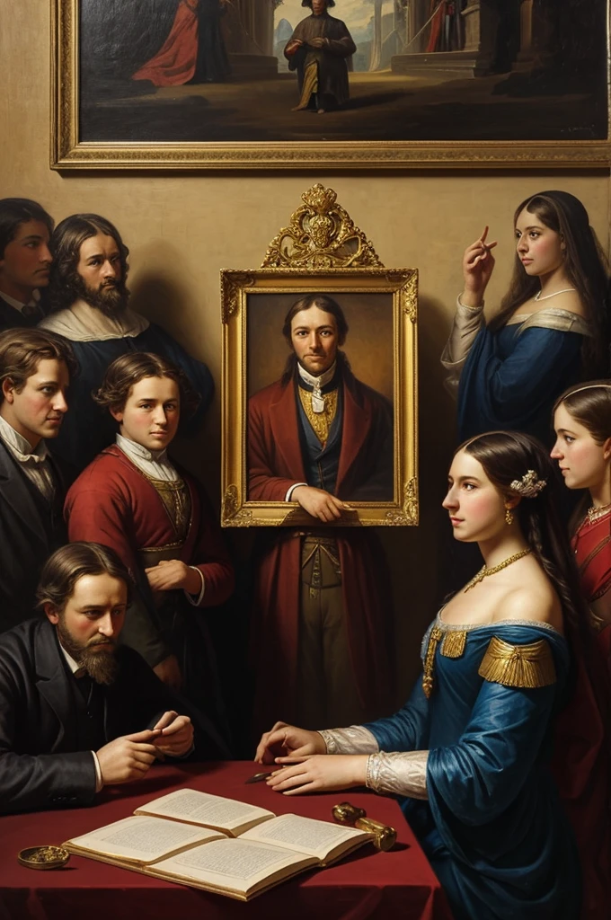 make an image of a painting about a humble hero, but with various riches and maidens around himaround him