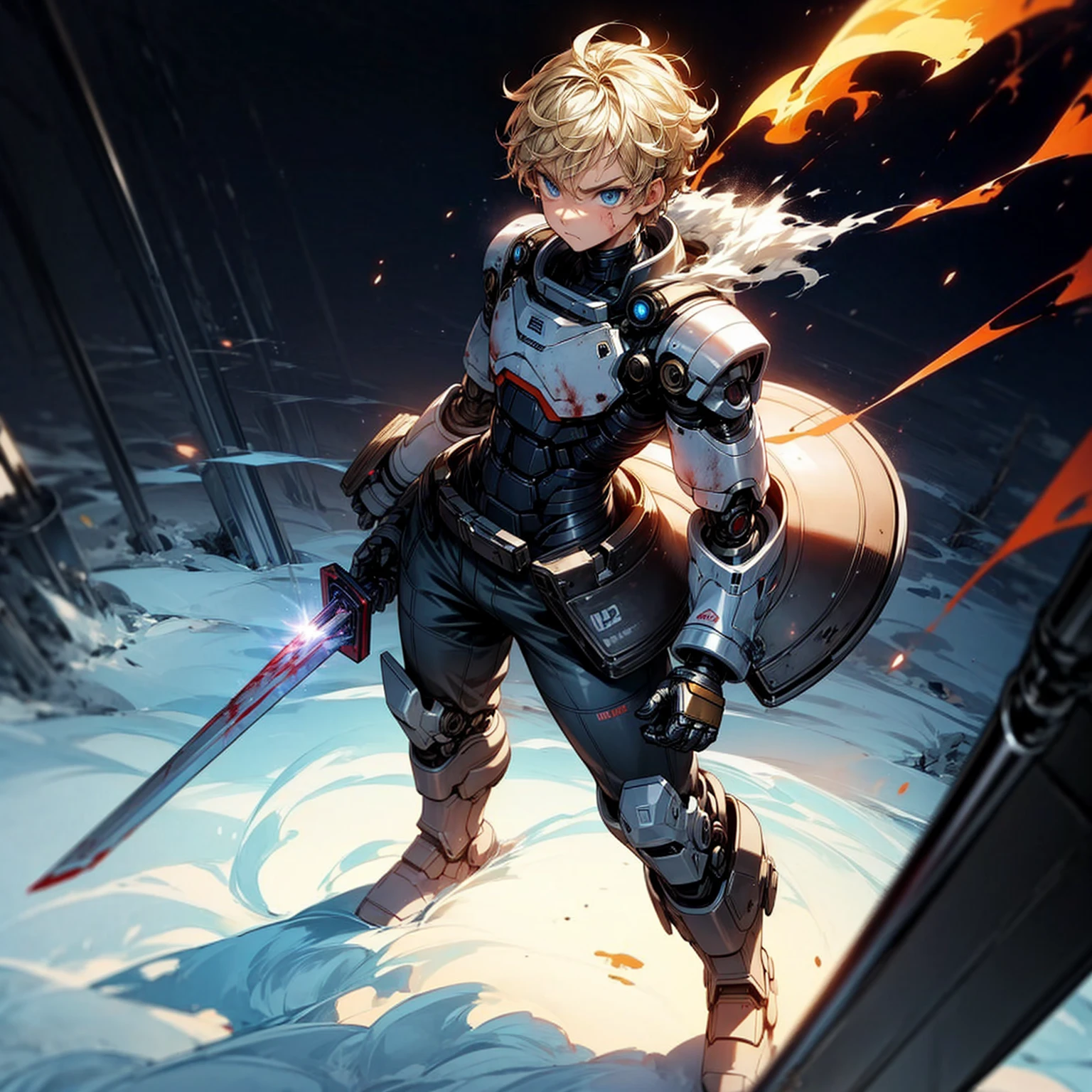 Ultra detailed, full background, Full body version, Grassroots, background in snow field, (solo, boy, cyborg, big muscle, blue eyes, angry eyes, blonde color hair, short Curly hairstyle, pants, Boots), full robotic outfit, high angle view, smoke effect, fire effect, lighting effect on sword, lighting laser, sword robot in hand, lighting gold on sword, plasma effect, blood on background, standing gesture